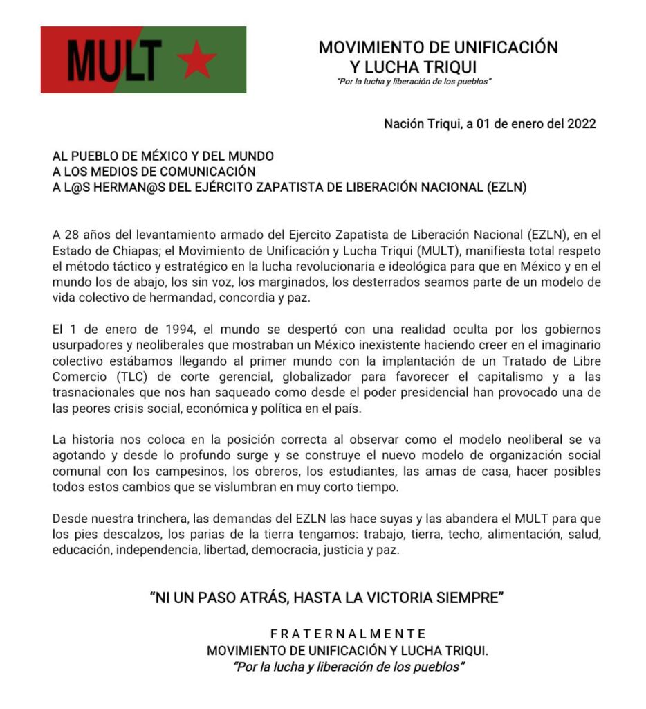 Desde nuestra trinchera, las demandas del EZLN las hace suyas y las abandera el MULT para que los pies descalzos, los parias de la tierra tengamos: trabajo, tierra, techo. alimentación, salud, educación, independencia, libertad, democracia, justicia y paz.